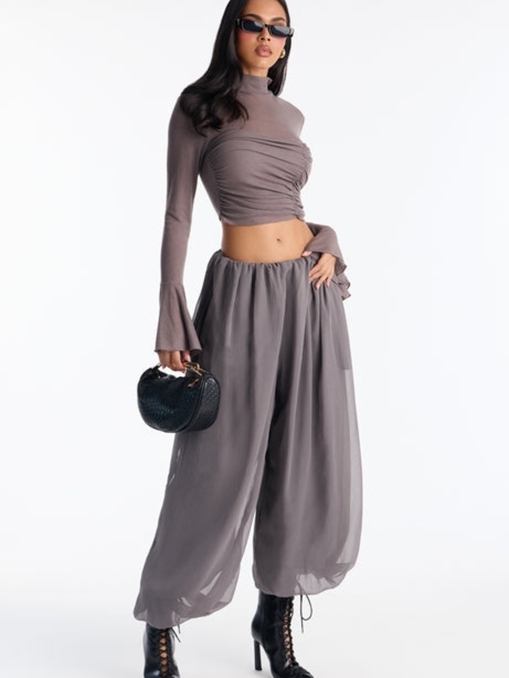 Fashion Nova Grey Chiffon Balloon Pants Set M (Top SOLD OUT) NWT
